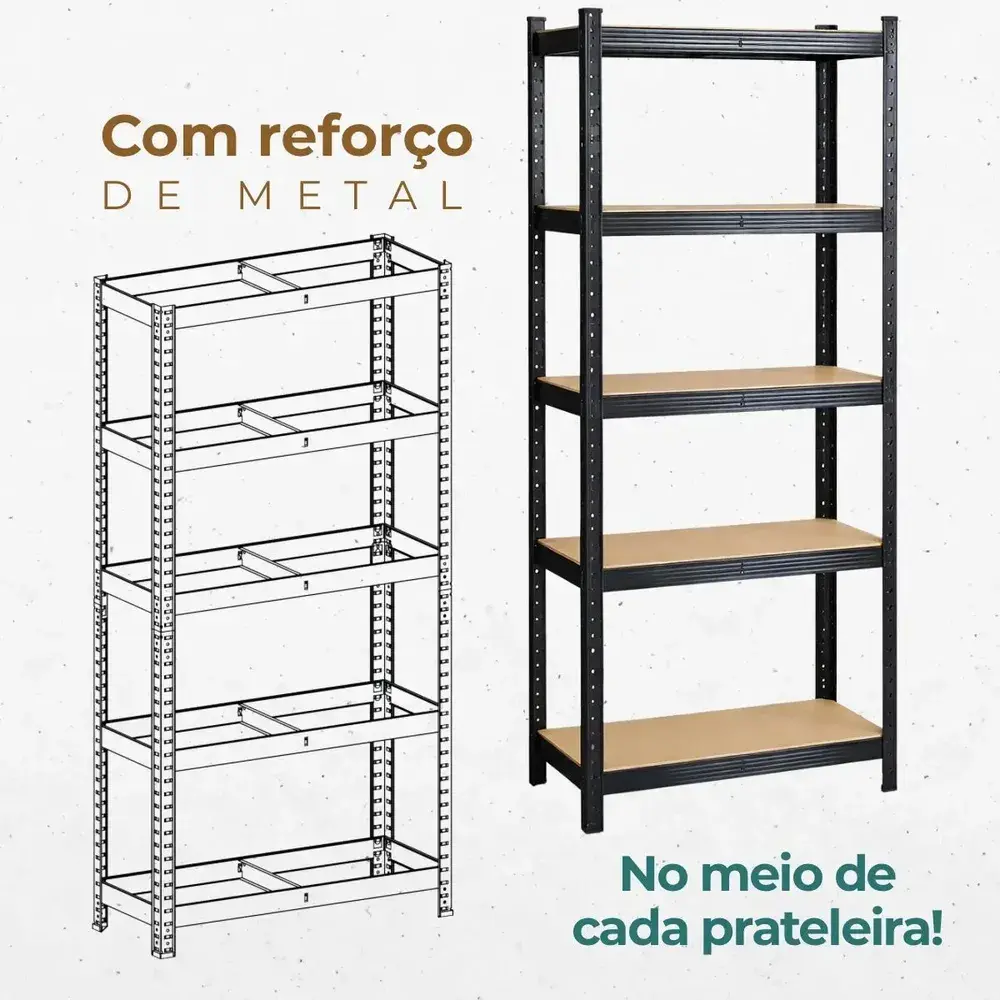 Estante Aço 5 Prateleiras Mdf Até 375kg 180cm X 60cm X 30cm Organizador Armário