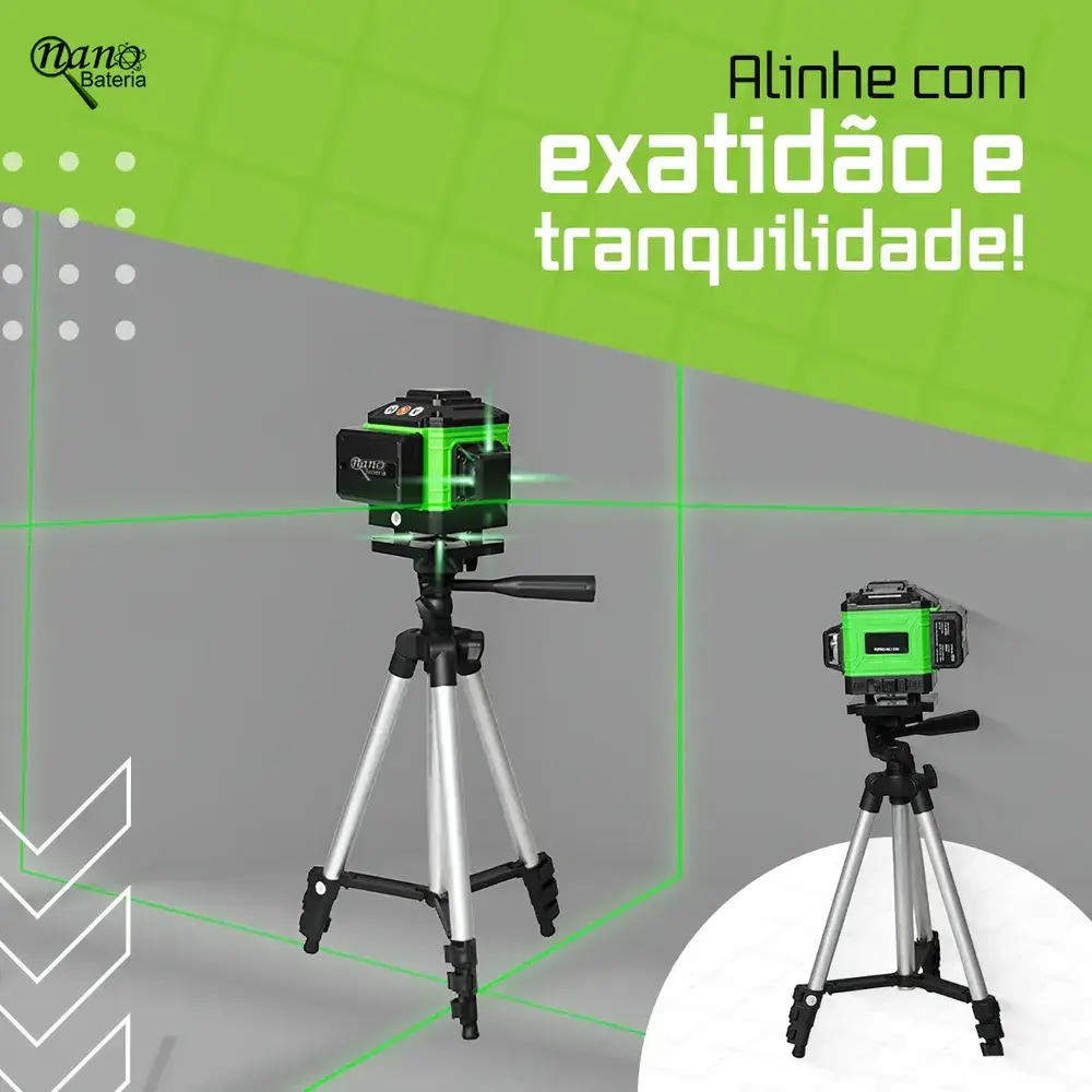 Kit Nível A Laser Verde 12 Linhas Esquadro + Suporte + Tripé Recarregavel Profissional Prumo Autonivelante Nano Bateria