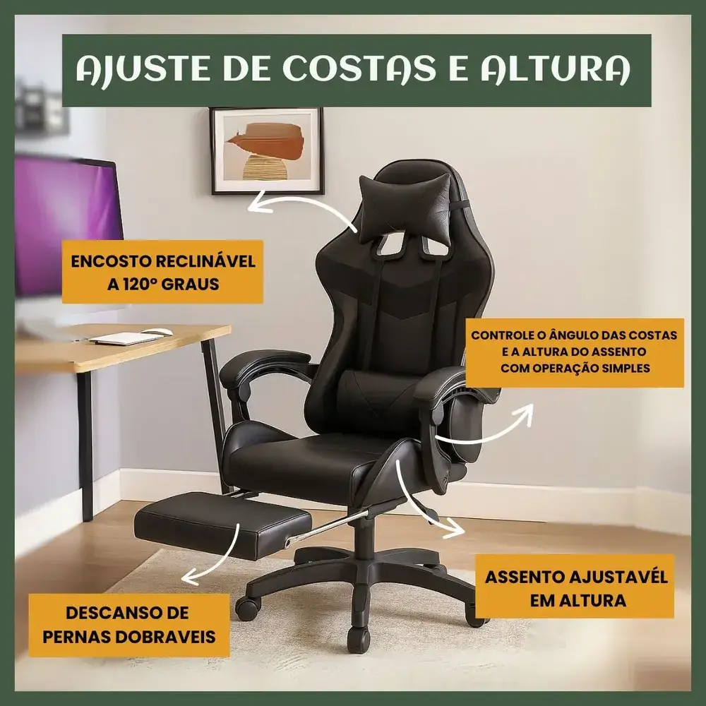 Cadeira De Escritório Gamer Nitro Ergonômica Estofado Couro Sintético Reclinável Cor Preto Luvinco