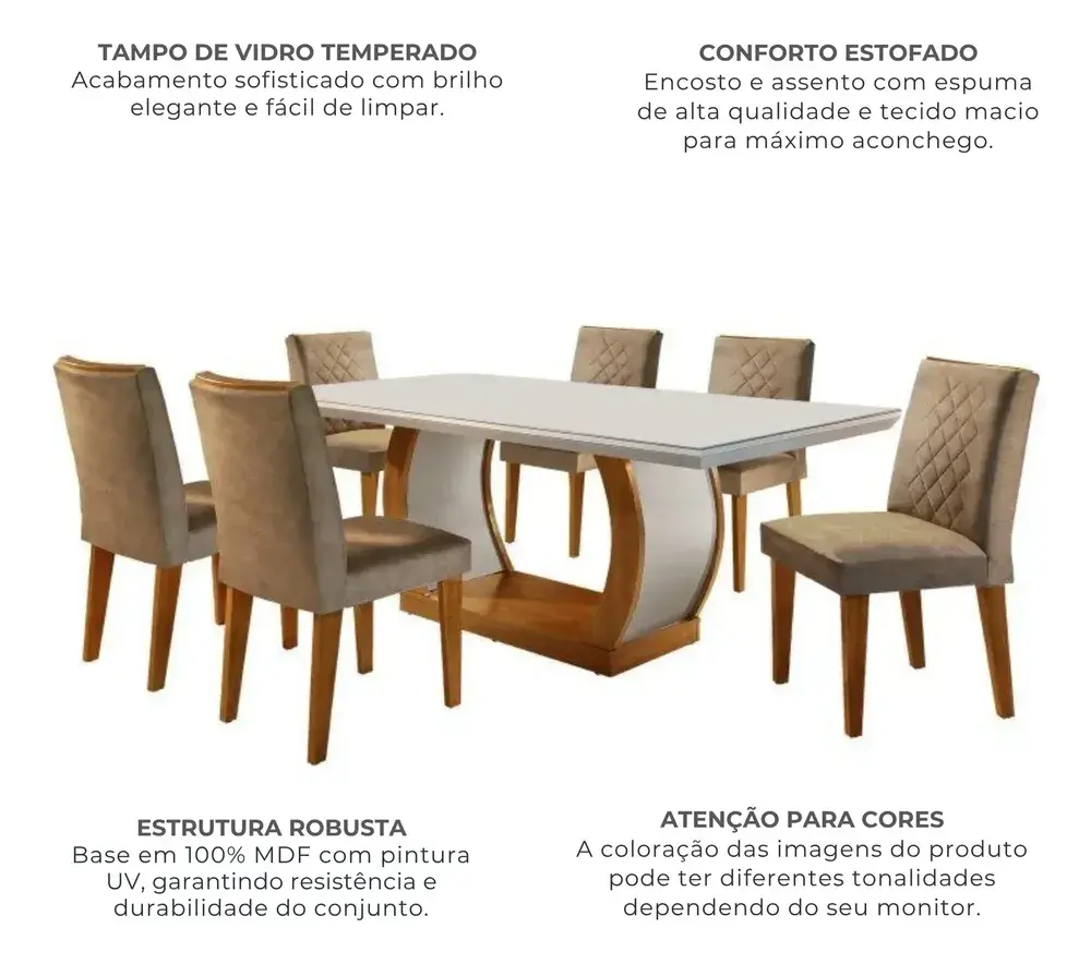 Conjunto Sala de Jantar Mesa Tampo de Vidro 6 Cadeiras Animalle