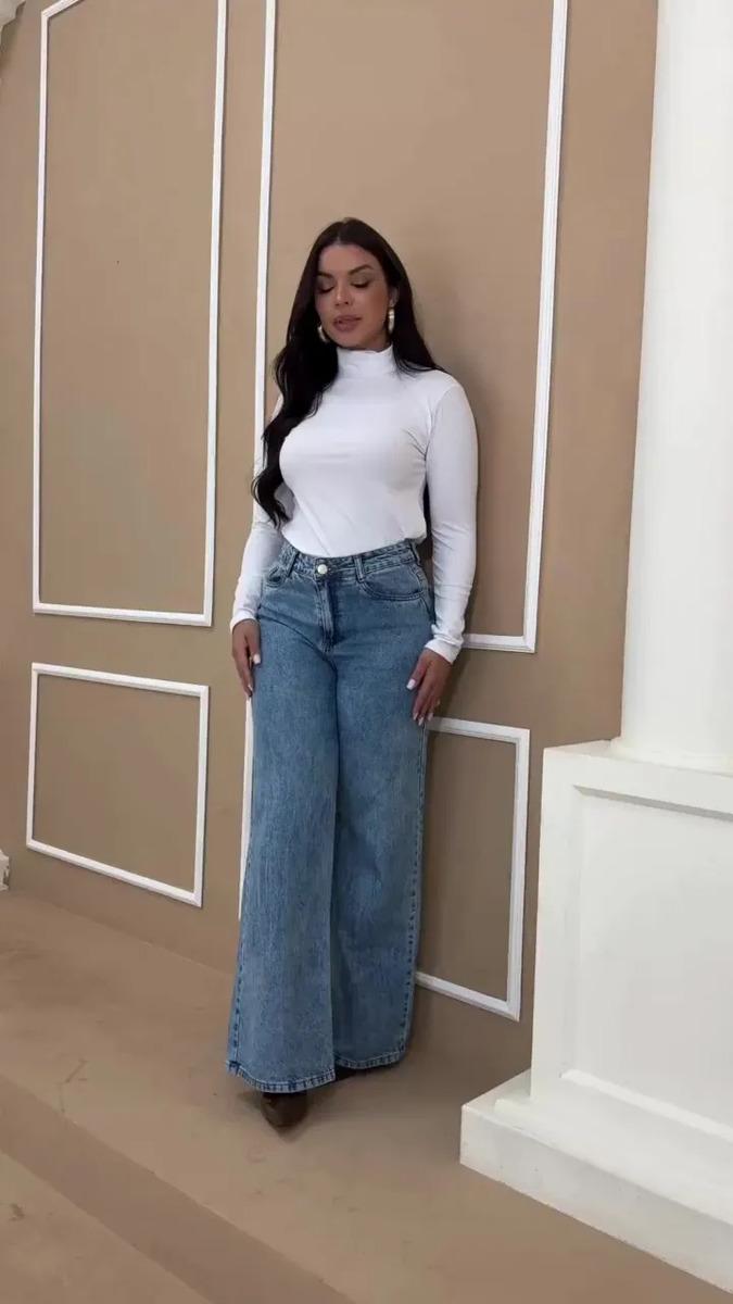 Calça Jeans Wide Leg Feminina Cintura Alta Sem Lycra Stillge