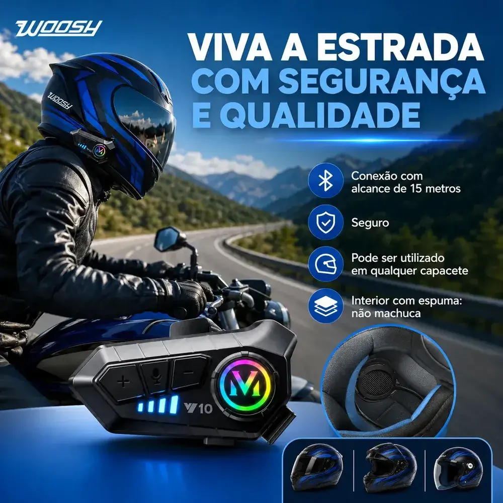 Fone de Ouvido para Capacete Intercomunicador Bluetooth Headset RGB - Woosh
