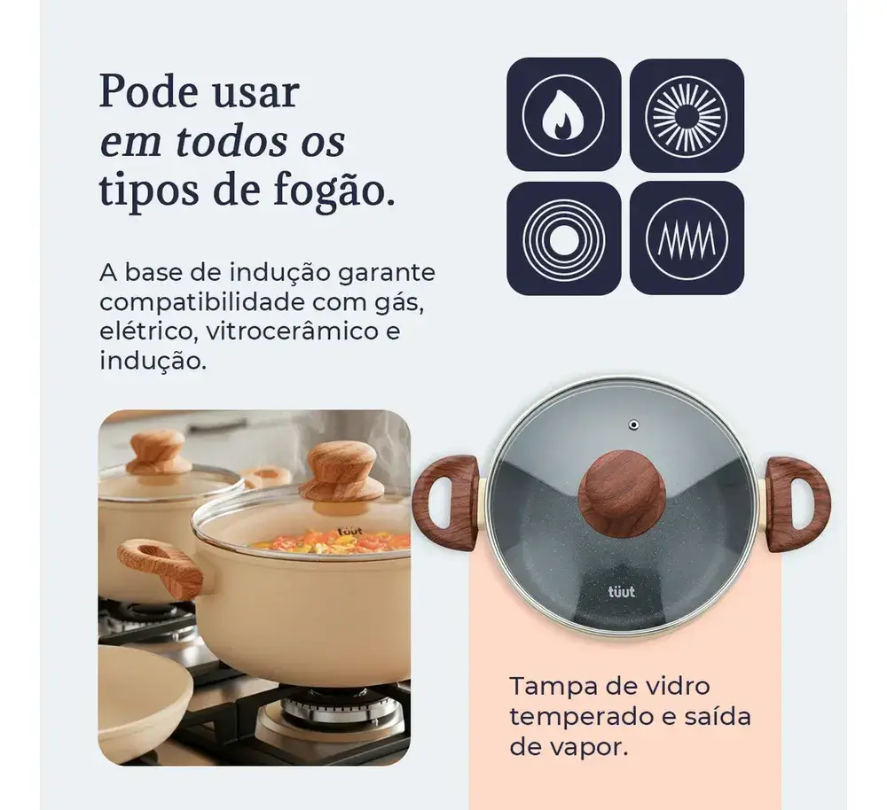Jogo De Panelas Indução Antiaderente Cerâmica 10 Peças Ppg Pfoa Free Baunilha