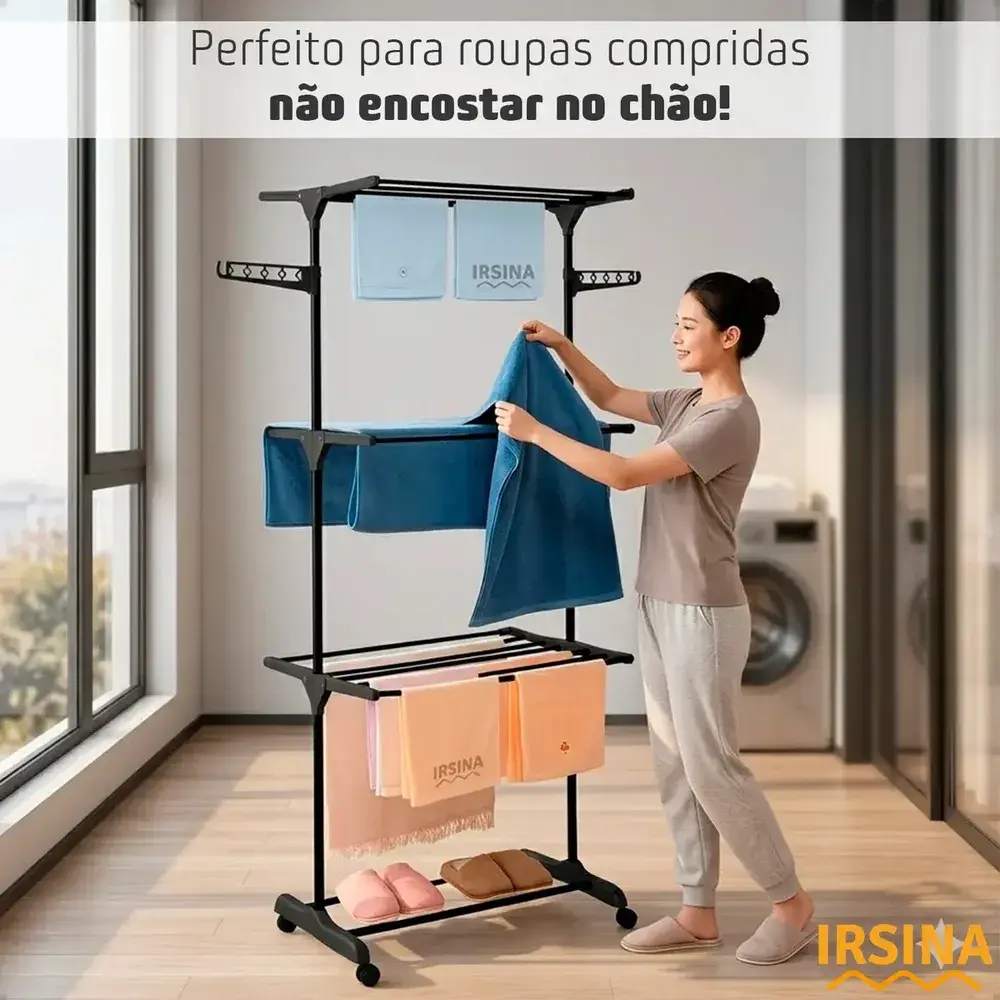 Varal Dobrável De Chão 3 Andares De Roupas Grande Com Rodinha Aba Lateral Retrátil Para Cabide Irsina