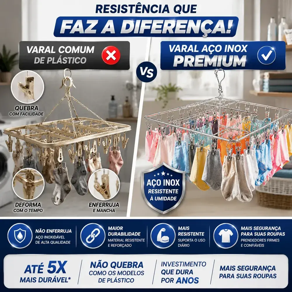 Varal Inox Suspenso 40 Prendedores Fixos para Secagem de Roupas