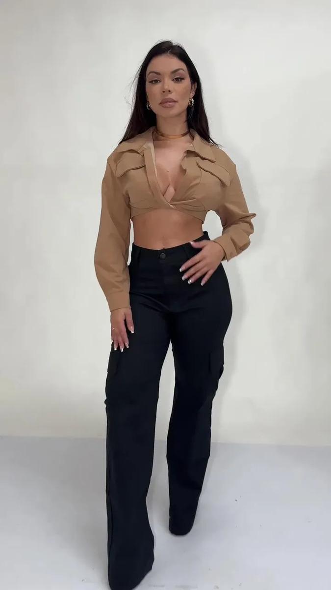 Calça Cargo Feminina Wide Leg Cintura Alta Jeans Stillger