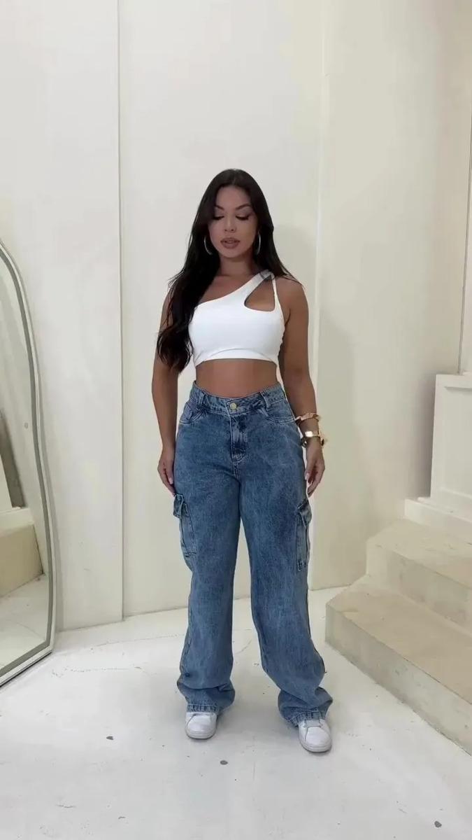 Calça Cargo Feminina Wide Leg Cintura Alta Jeans Stillger