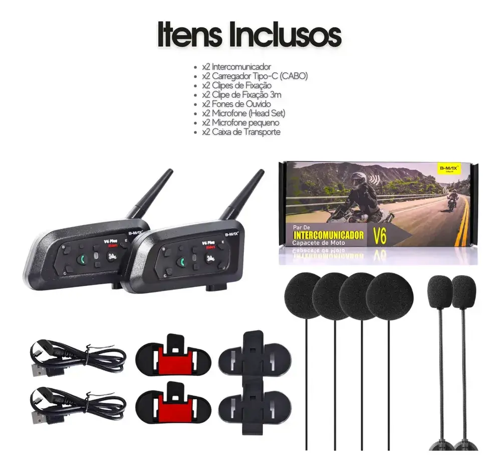 Par Intercomunicador V6 Plus Capacete Comunicador Sem Fio Bluetooth Moto