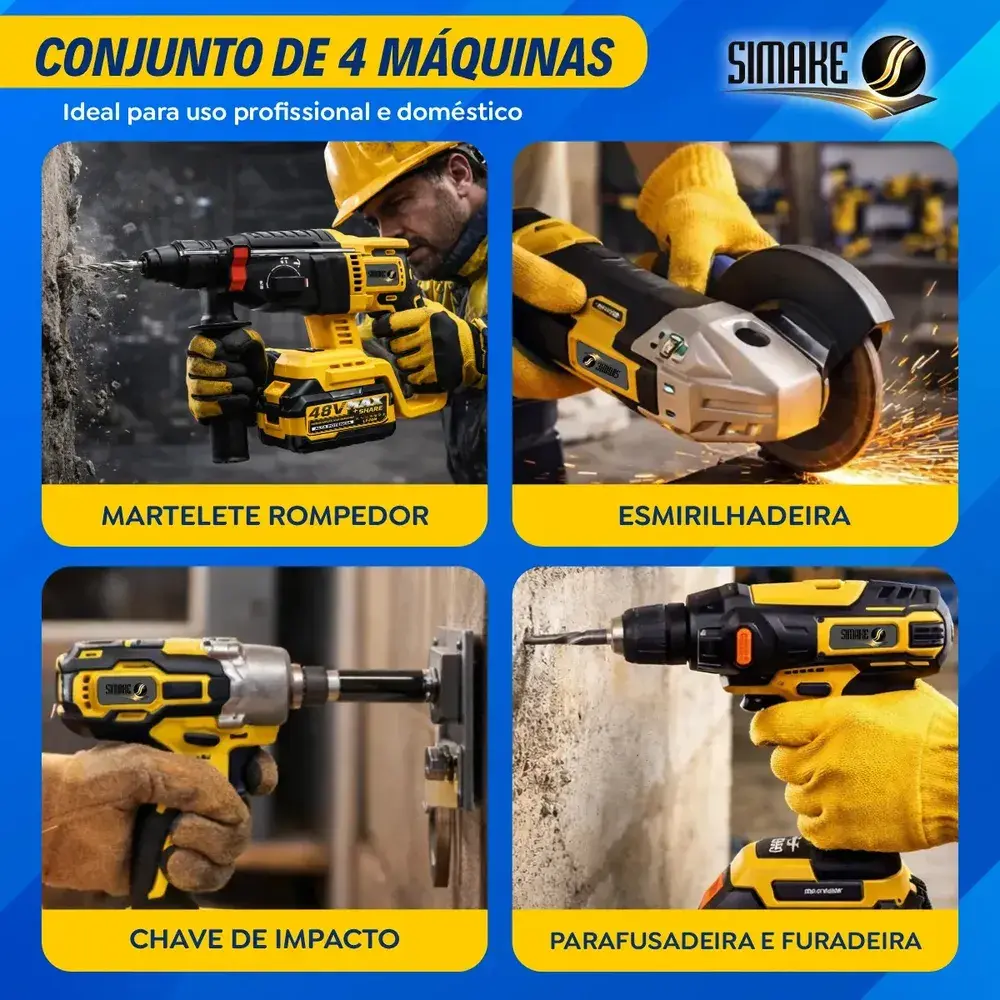 Kit Multi Ferramentas 4 Em 1 48v Sem Fio Com 2 Baterias Furadeira Parafusadeira Martelete Esmerilhadeira Chave De Impacto Com Maleta Simake
