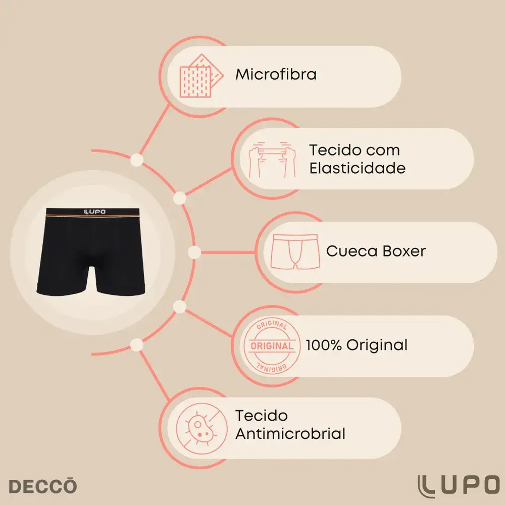 Kit 6 Cuecas Lupo Boxer Box Sem Costura Basic Microfibra