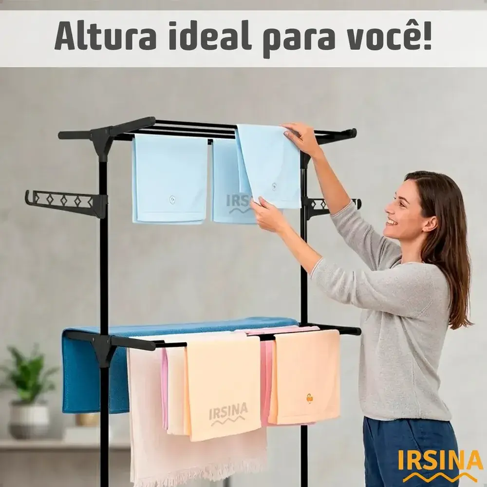 Varal Dobrável De Chão 3 Andares De Roupas Grande Com Rodinha Aba Lateral Retrátil Para Cabide Irsina