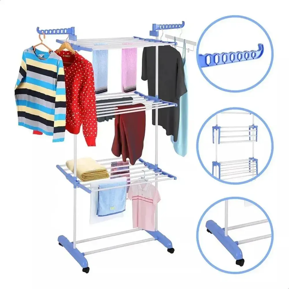 Varal De Chão Grande De Roupas 3 Andares Dobrável Azul Kontuz 170cm