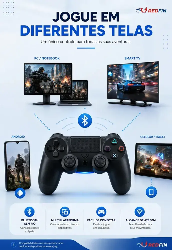 Controle Sem Fio Joystick Bluetooth para PS4 TV Smart PC Redfin