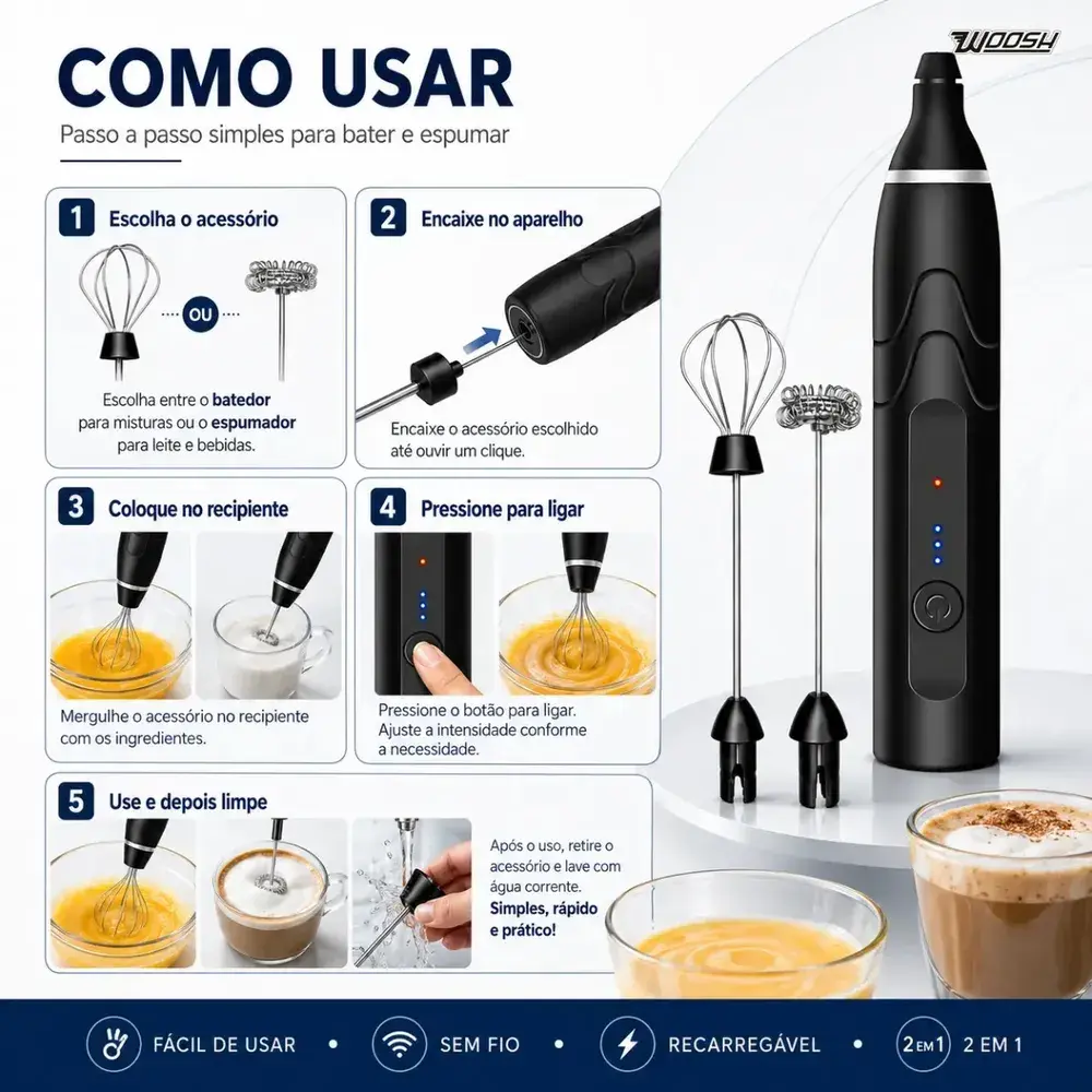 Mixer Elétrico Portátil 2 em 1 Recarregável Misturador de Bebidas e Ovos