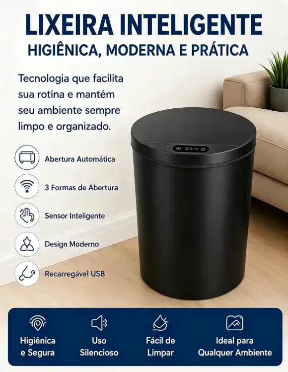 Lixeira Redonda Preta Inteligente 16L Automática com Sensor para Banheiro e Cozinha