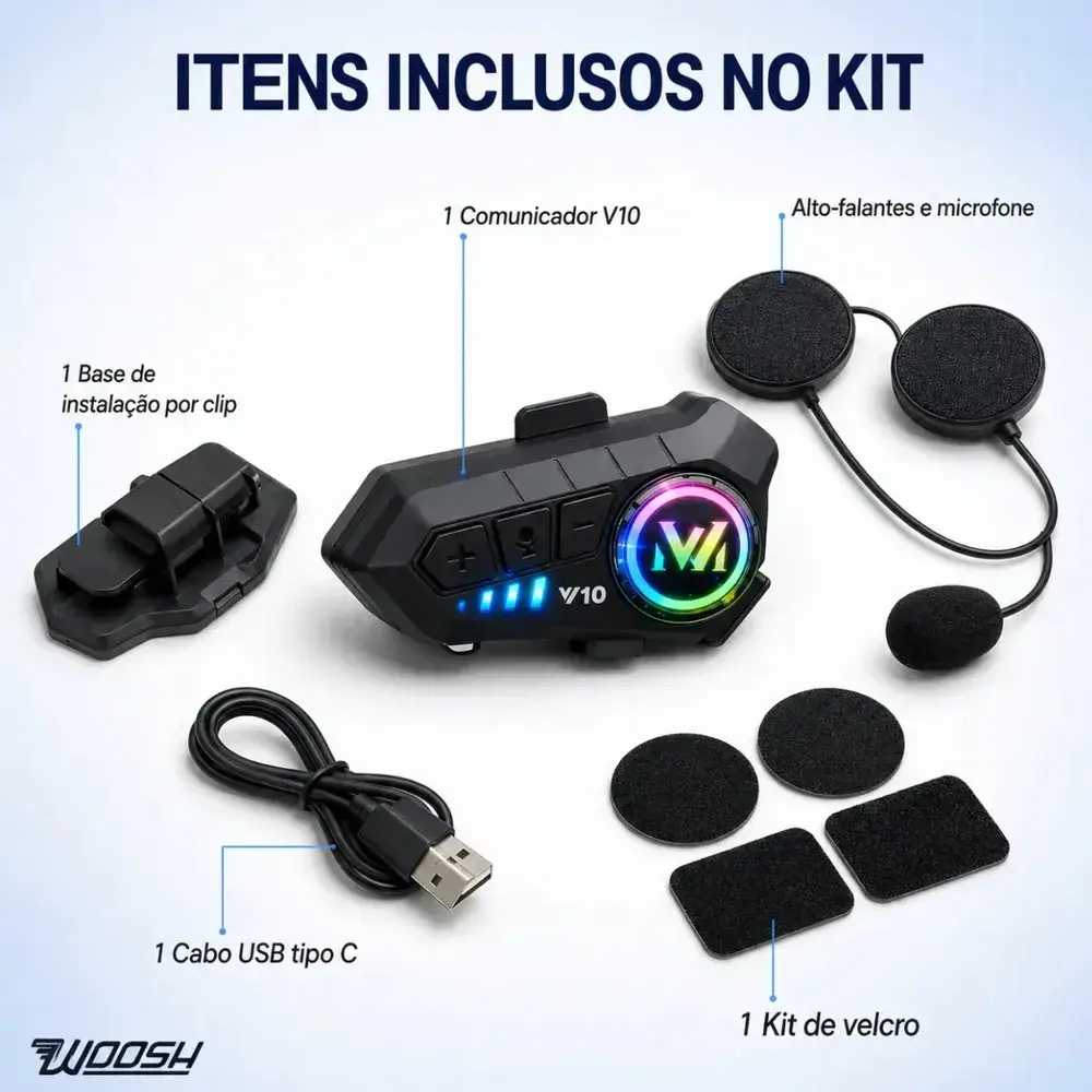 Fone de Ouvido para Capacete Intercomunicador Bluetooth Headset RGB - Woosh