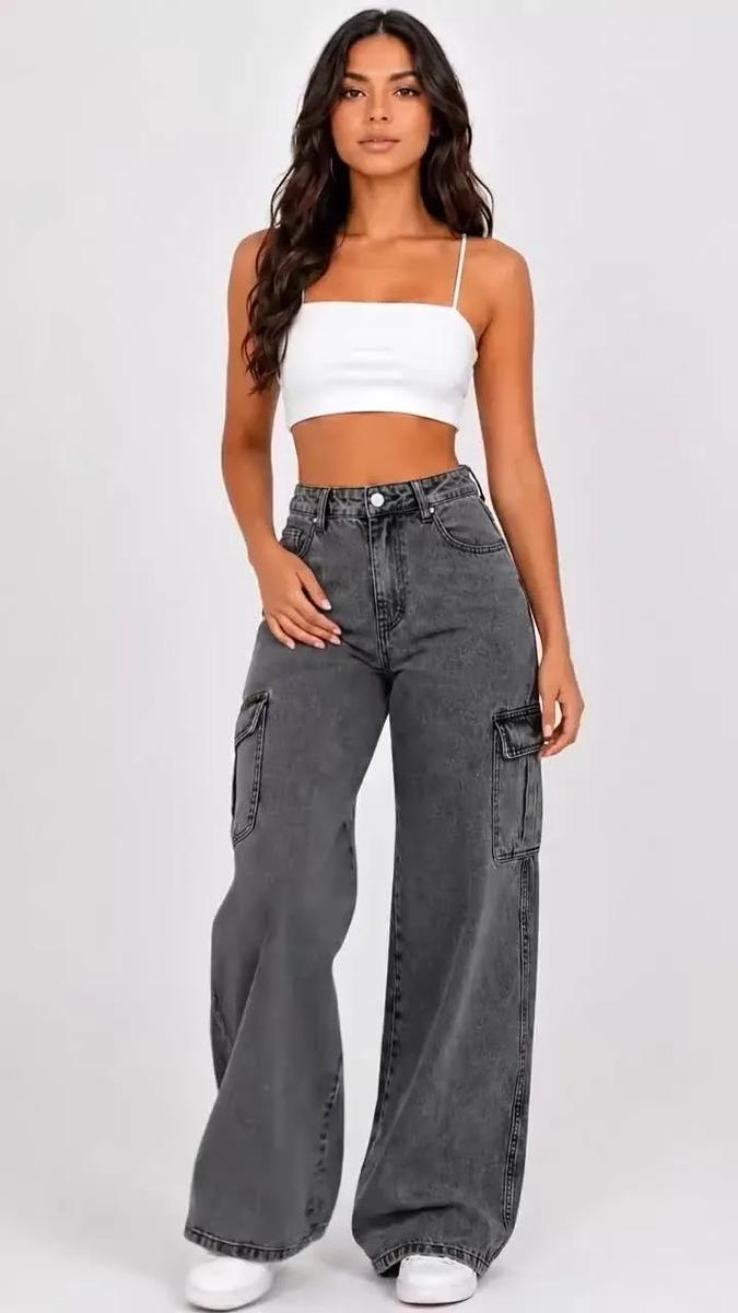 Calça Cargo Feminina Wide Leg Cintura Alta Jeans Stillger