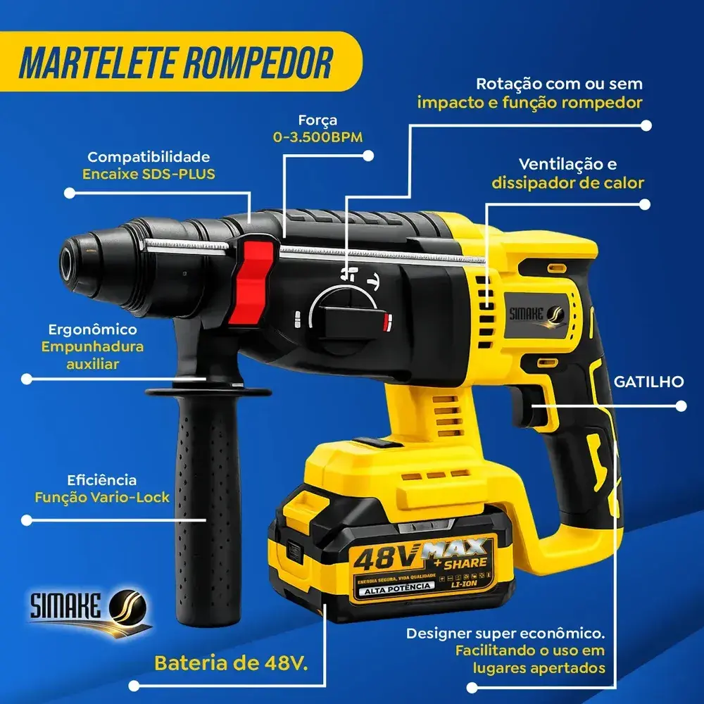 Kit Multi Ferramentas 4 Em 1 48v Sem Fio Com 2 Baterias Furadeira Parafusadeira Martelete Esmerilhadeira Chave De Impacto Com Maleta Simake