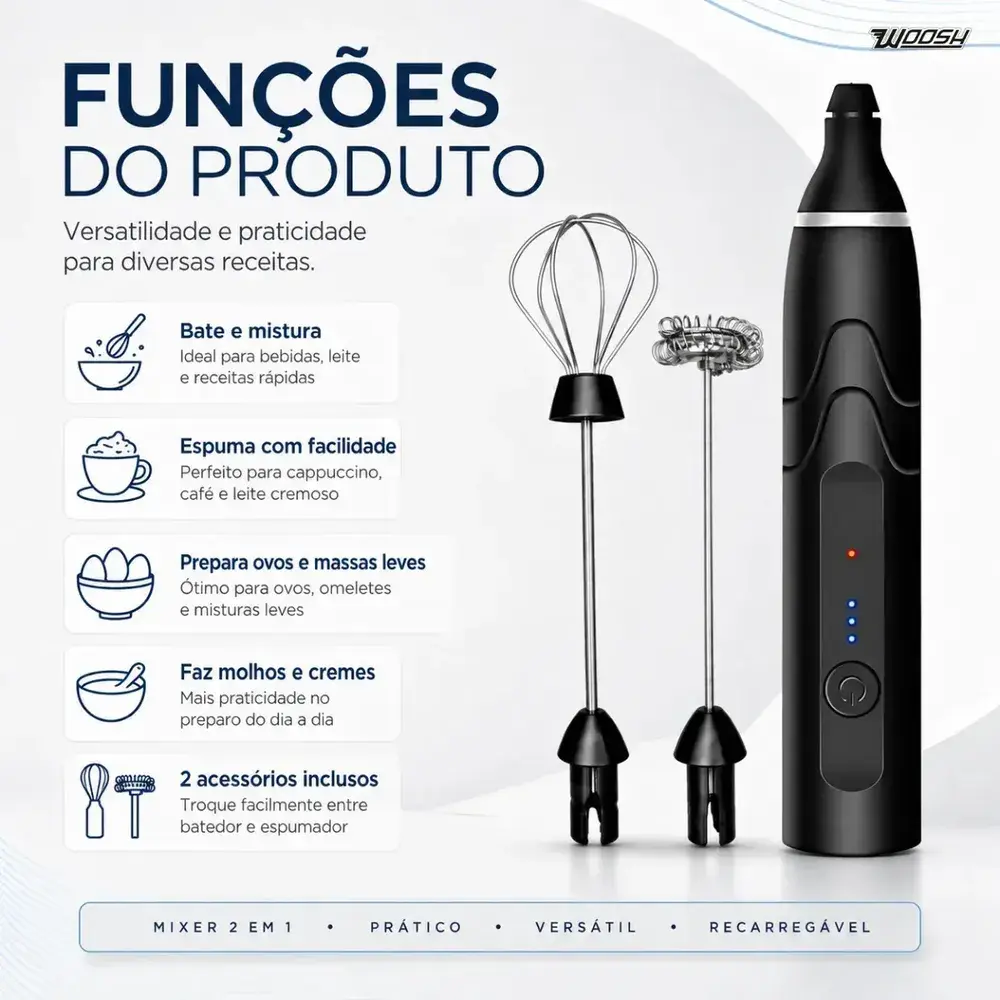 Mixer Elétrico Portátil 2 em 1 Recarregável Misturador de Bebidas e Ovos