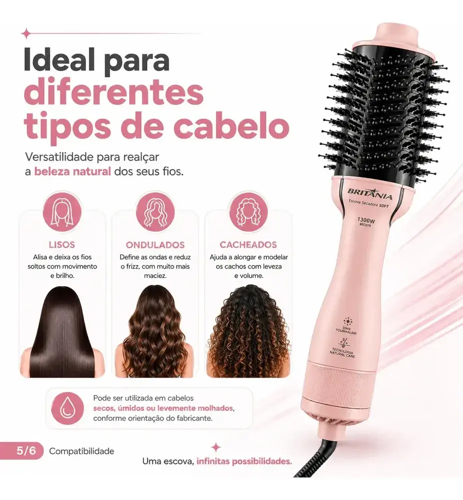 Escova Secadora e Modeladora Britânia 4 em 1 Anti Frizz BEC07R 1300W