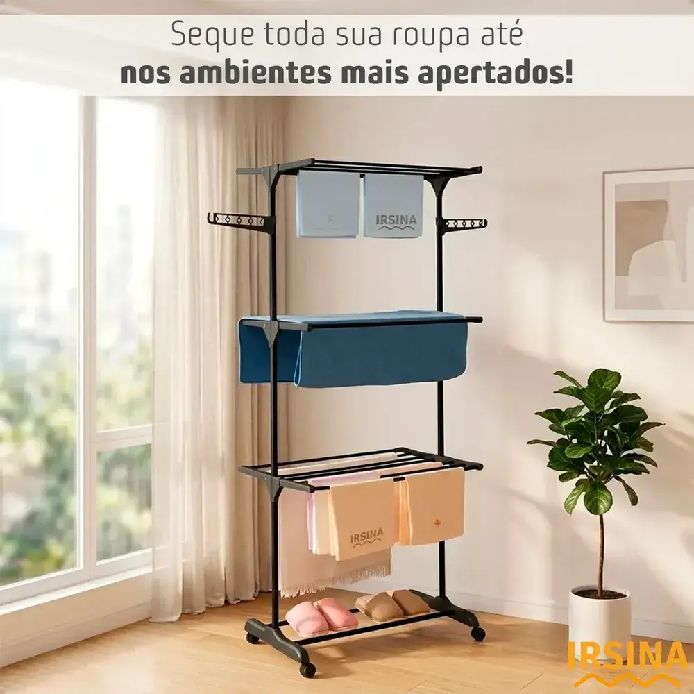 Varal Dobrável De Chão 3 Andares De Roupas Grande Com Rodinha Aba Lateral Retrátil Para Cabide Irsina