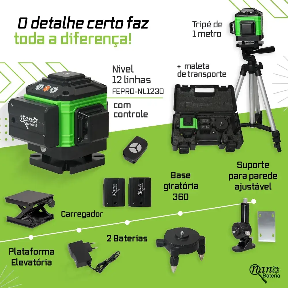 Kit Nível A Laser Verde 12 Linhas Esquadro + Suporte + Tripé Recarregavel Profissional Prumo Autonivelante Nano Bateria