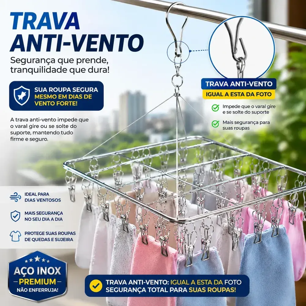 Varal Inox Suspenso 40 Prendedores Fixos para Secagem de Roupas
