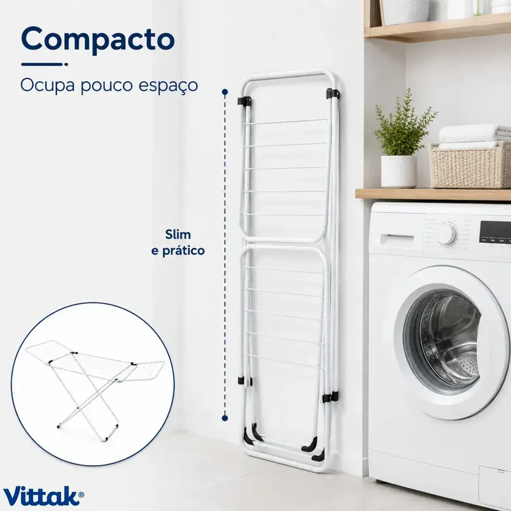 Vittak Varal de Chão Slim Dobrável com Abas Retráteis em Aço Reforçado