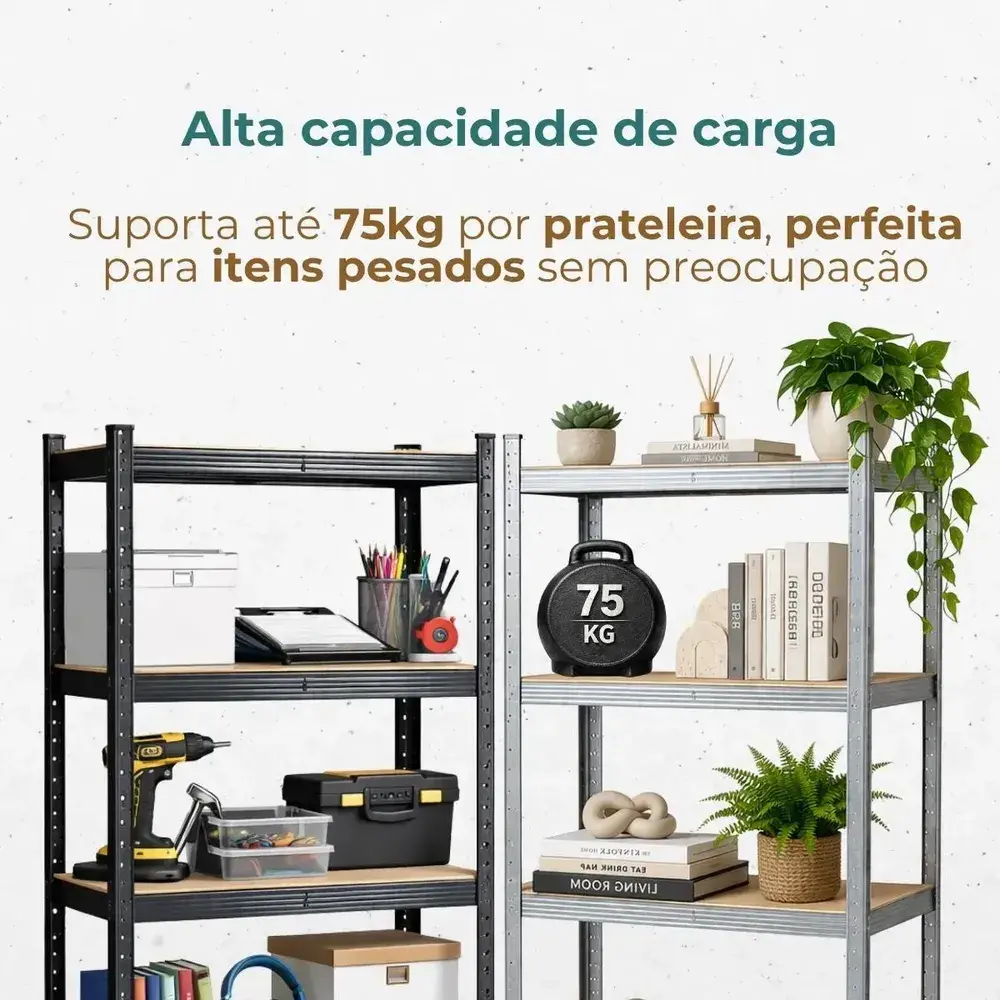 Estante Aço 5 Prateleiras Mdf Até 375kg 180cm X 60cm X 30cm Organizador Armário