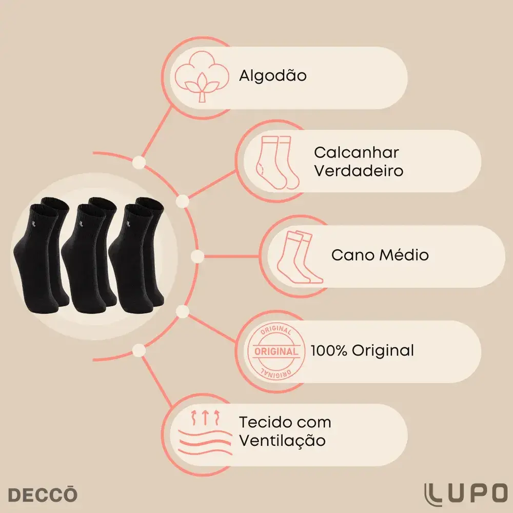 Kit 10 Pares Meia Lupo Original Masculina Cano Médio Algodão