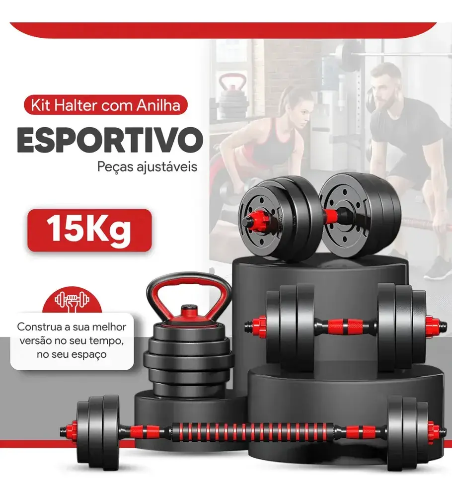 Kit Halteres Barra E Anilhas Musculação Kettlebell Ajustáveis Peso Academia 15kg