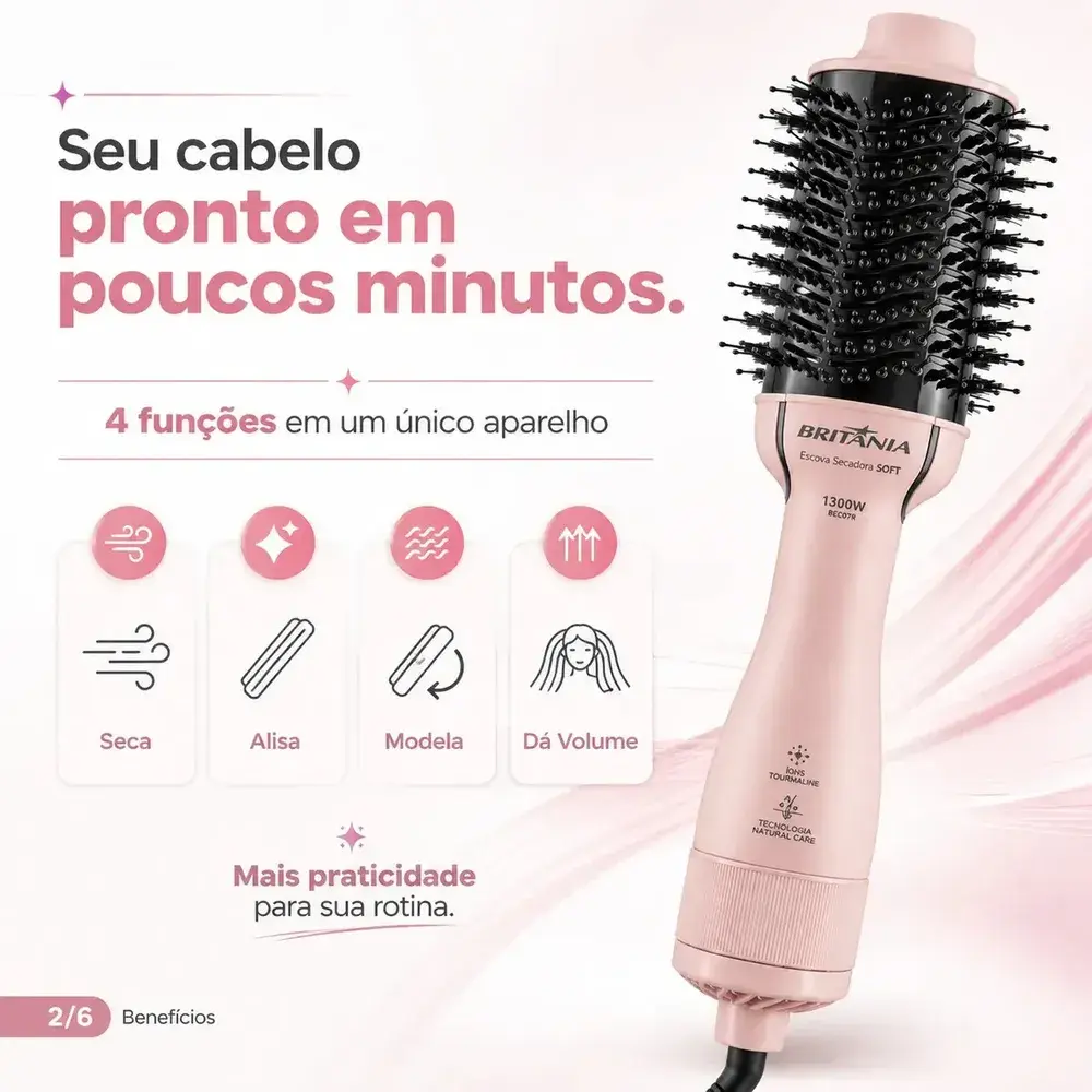 Escova Secadora e Modeladora Britânia 4 em 1 Anti Frizz BEC07R 1300W