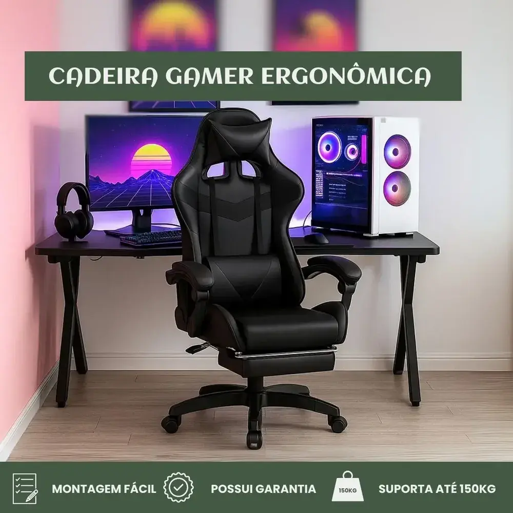 Cadeira De Escritório Gamer Nitro Ergonômica Estofado Couro Sintético Reclinável Cor Preto Luvinco