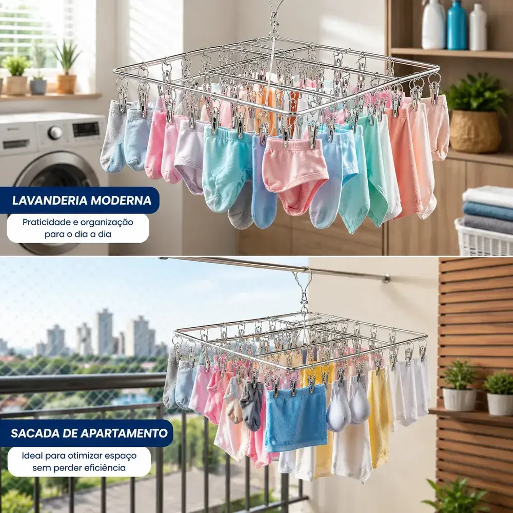 Varal Inox Suspenso 40 Prendedores Fixos para Secagem de Roupas