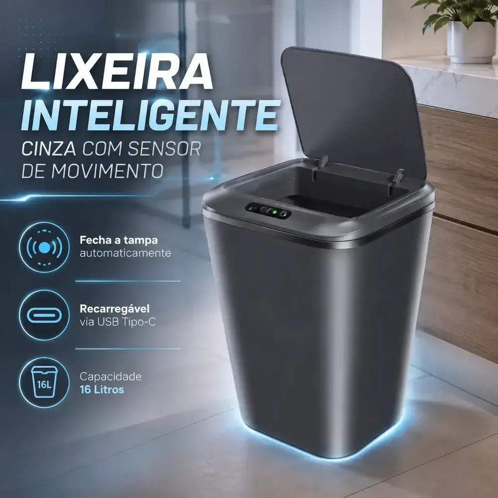 Lixeira Inteligente Automática com Sensor Recarregável Anti Odor 16L