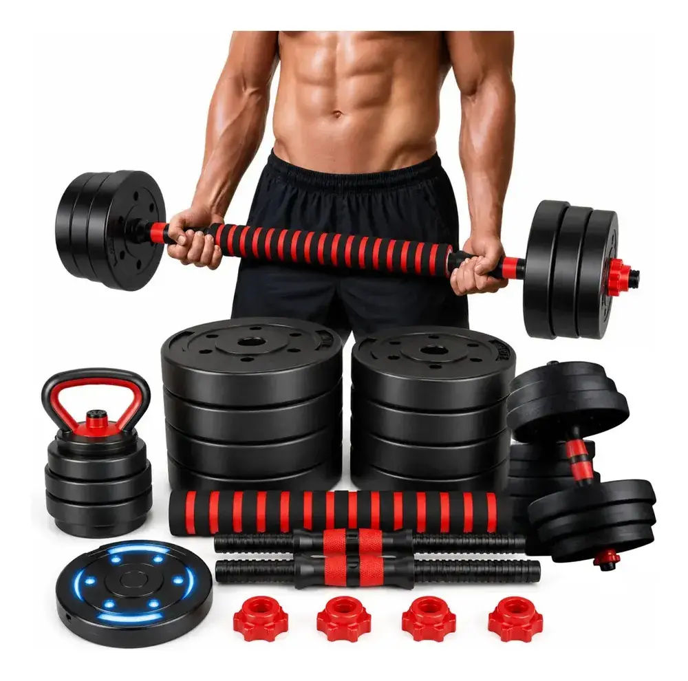 Kit Halteres Barra E Anilhas Musculação Kettlebell Ajustáveis Peso Academia 15kg