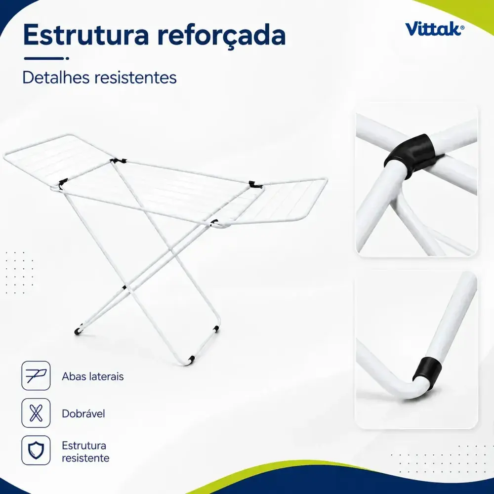 Vittak Varal de Chão Slim Dobrável com Abas Retráteis em Aço Reforçado