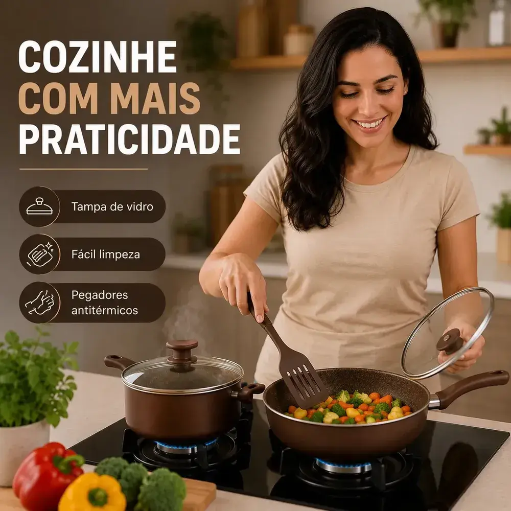 Jogo De Panelas 10 Peças Antiaderente Marrom Com Tampa De Vidro Linha Familiar Designo