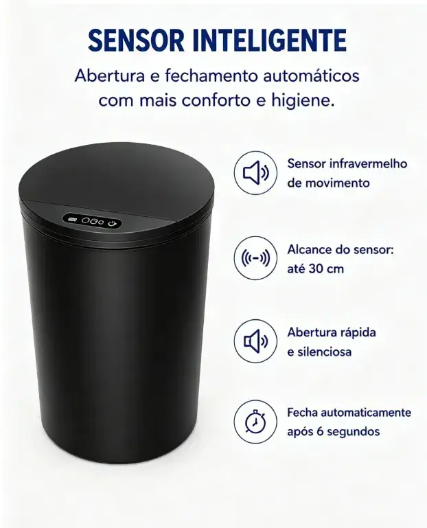 Lixeira Redonda Preta Inteligente 16L Automática com Sensor para Banheiro e Cozinha