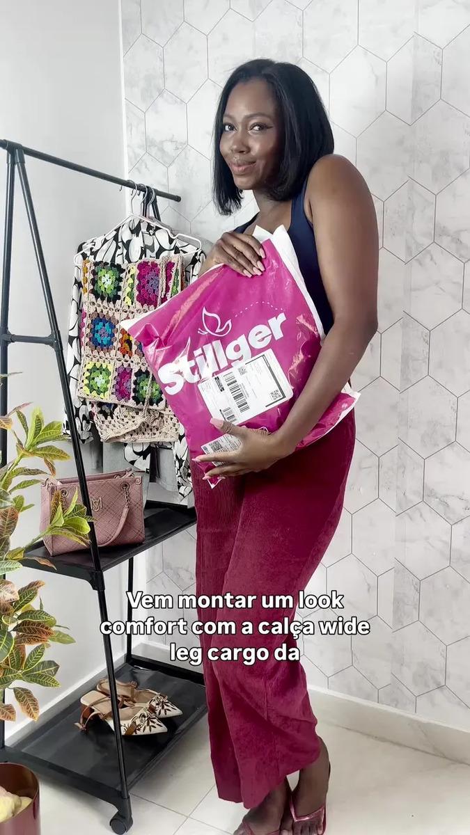 Calça Cargo Feminina Wide Leg Cintura Alta Jeans Stillger