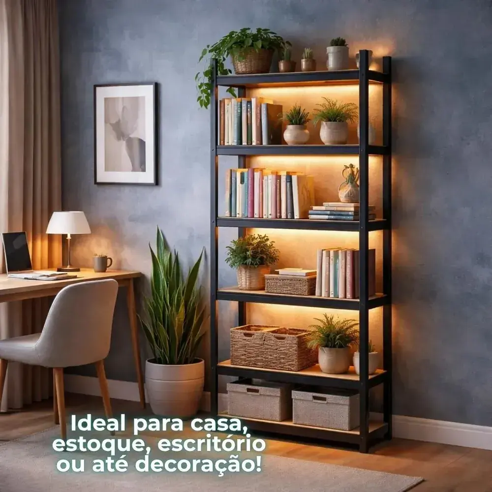 Estante Aço 5 Prateleiras Mdf Até 375kg 180cm X 60cm X 30cm Organizador Armário