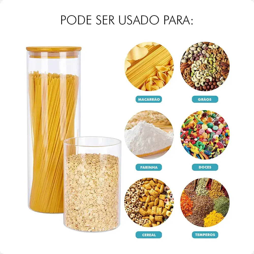 Kit 9 Potes Mantimentos Vidro Herméticos com Tampa Bambu Epsilon