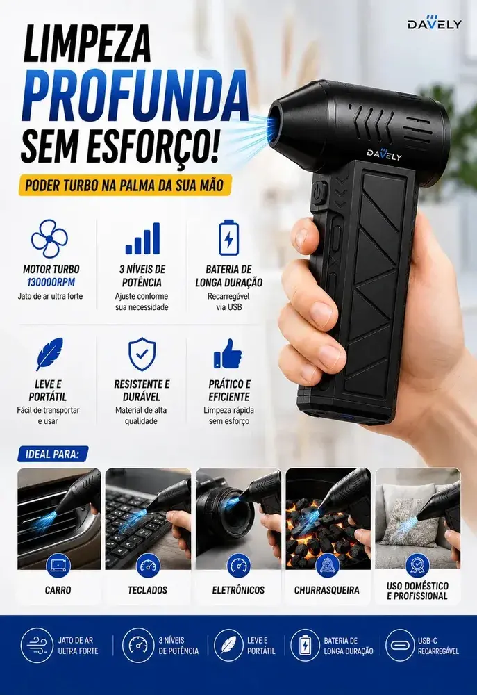 Mini Ventilador Soprador Ar Turbo 130000rpm Assoprador Sem Fio Recarregável Usb 3 Níveis Davely