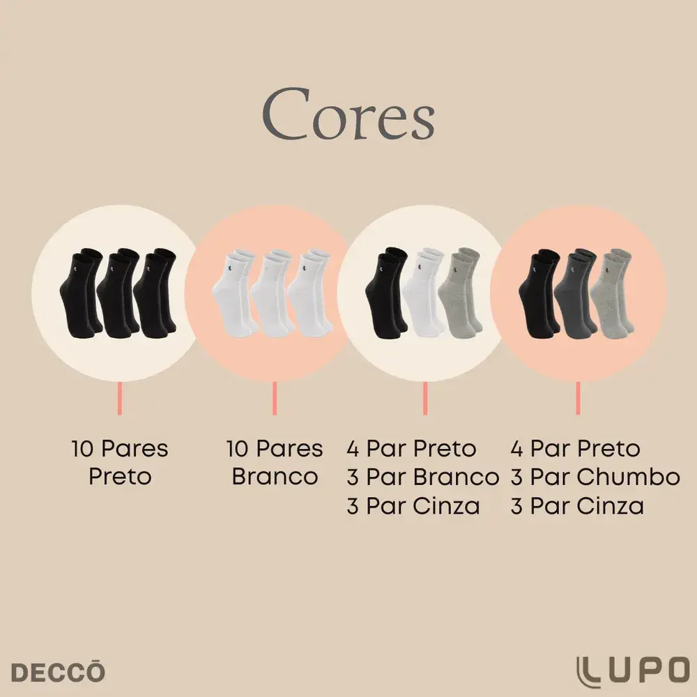 Kit 10 Pares Meia Lupo Original Masculina Cano Médio Algodão