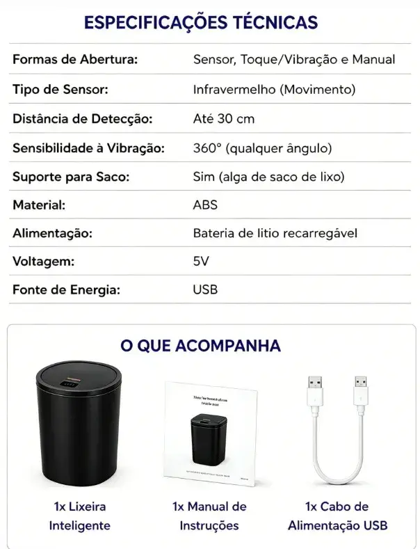 Lixeira Redonda Preta Inteligente 16L Automática com Sensor para Banheiro e Cozinha