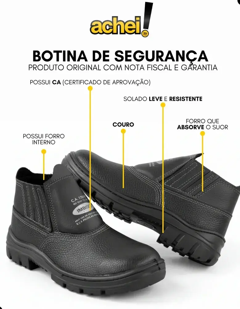 Bota Botina Segurança Trabalho Couro Resistente Epi Bico Pvc