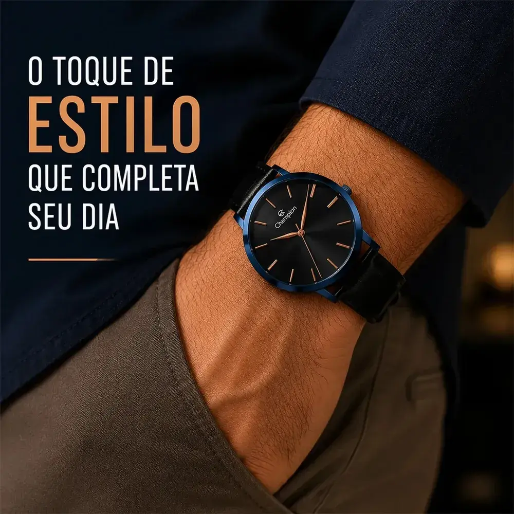 Relógio Champion Masculino Social Original Couro Preto