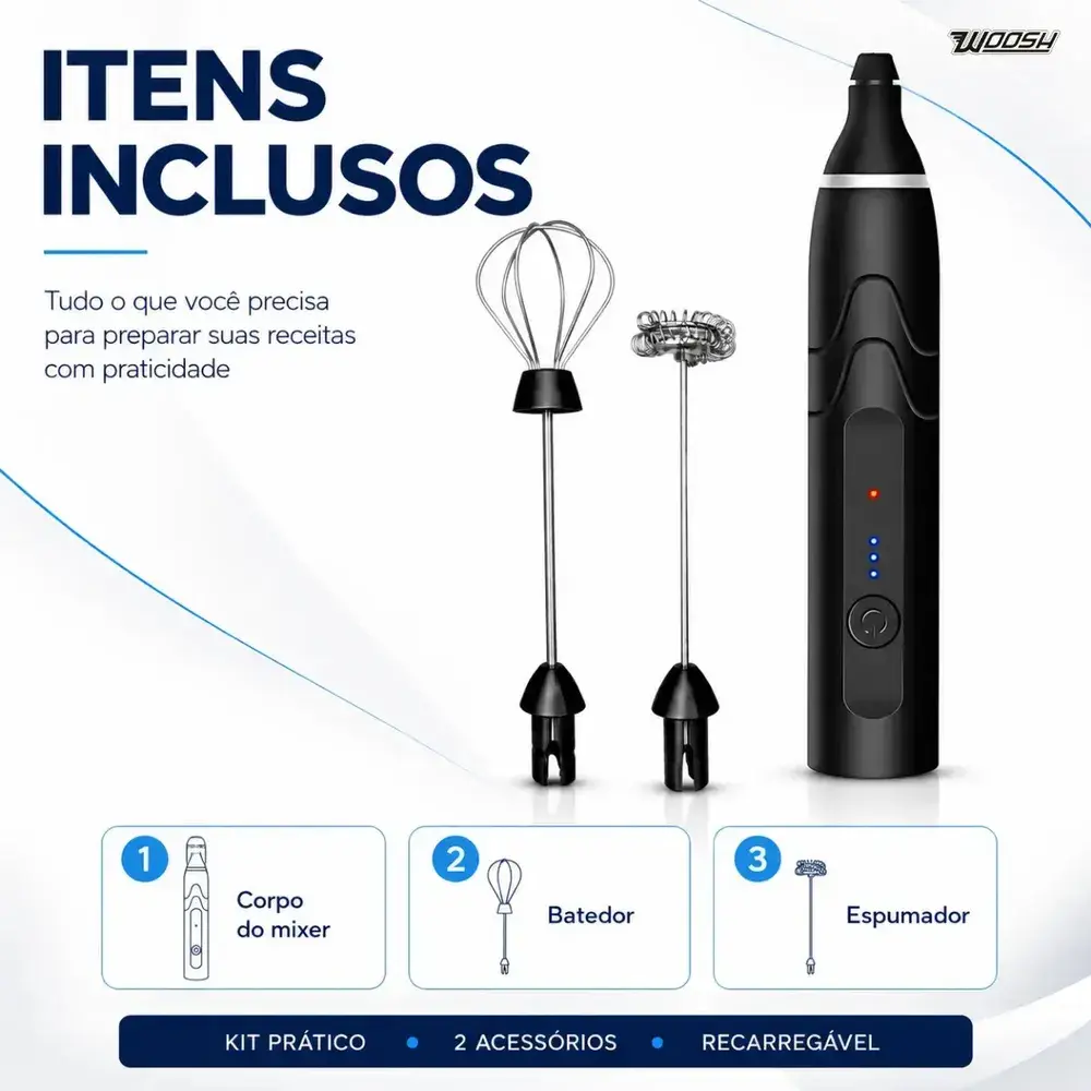 Mixer Elétrico Portátil 2 em 1 Recarregável Misturador de Bebidas e Ovos