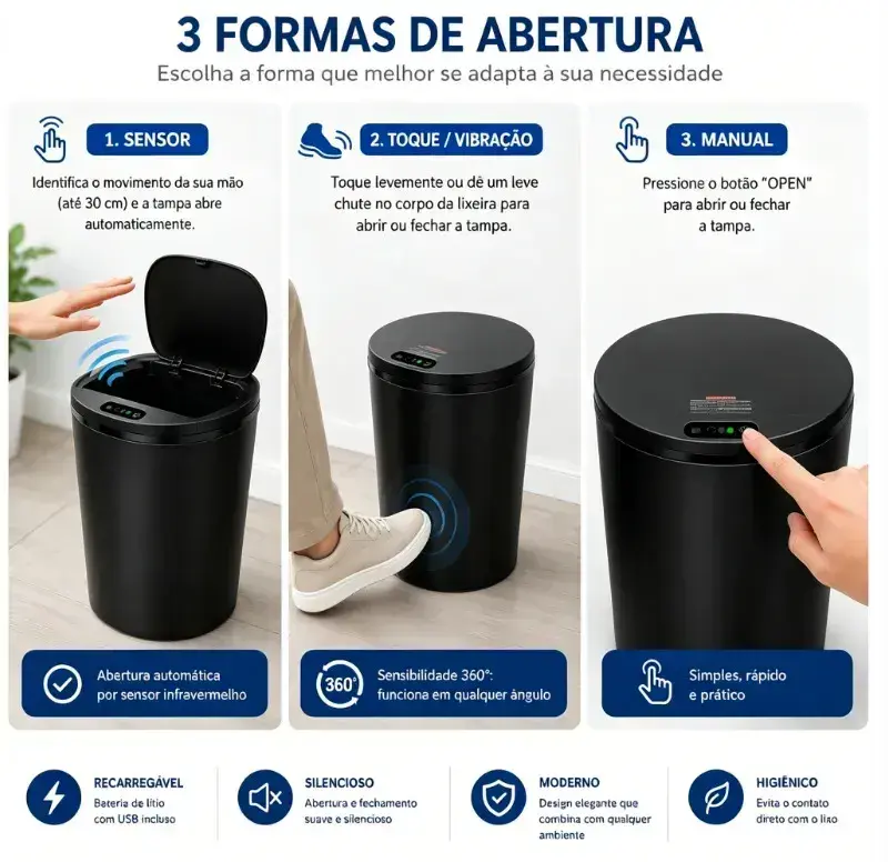 Lixeira Redonda Preta Inteligente 16L Automática com Sensor para Banheiro e Cozinha