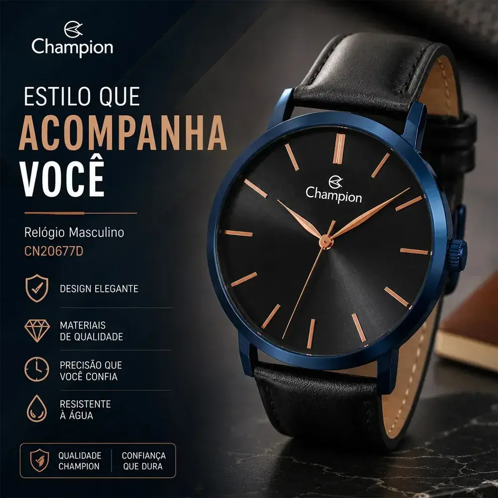 Relógio Champion Masculino Social Original Couro Preto